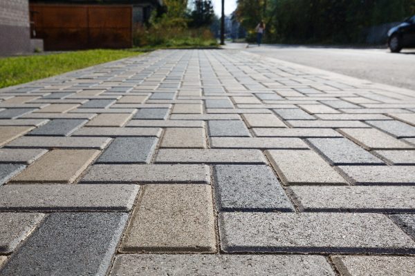 paver Colorful cobblestone road pavement and lawn divided by a concrete curb. Backlight. Diminishing perspective.